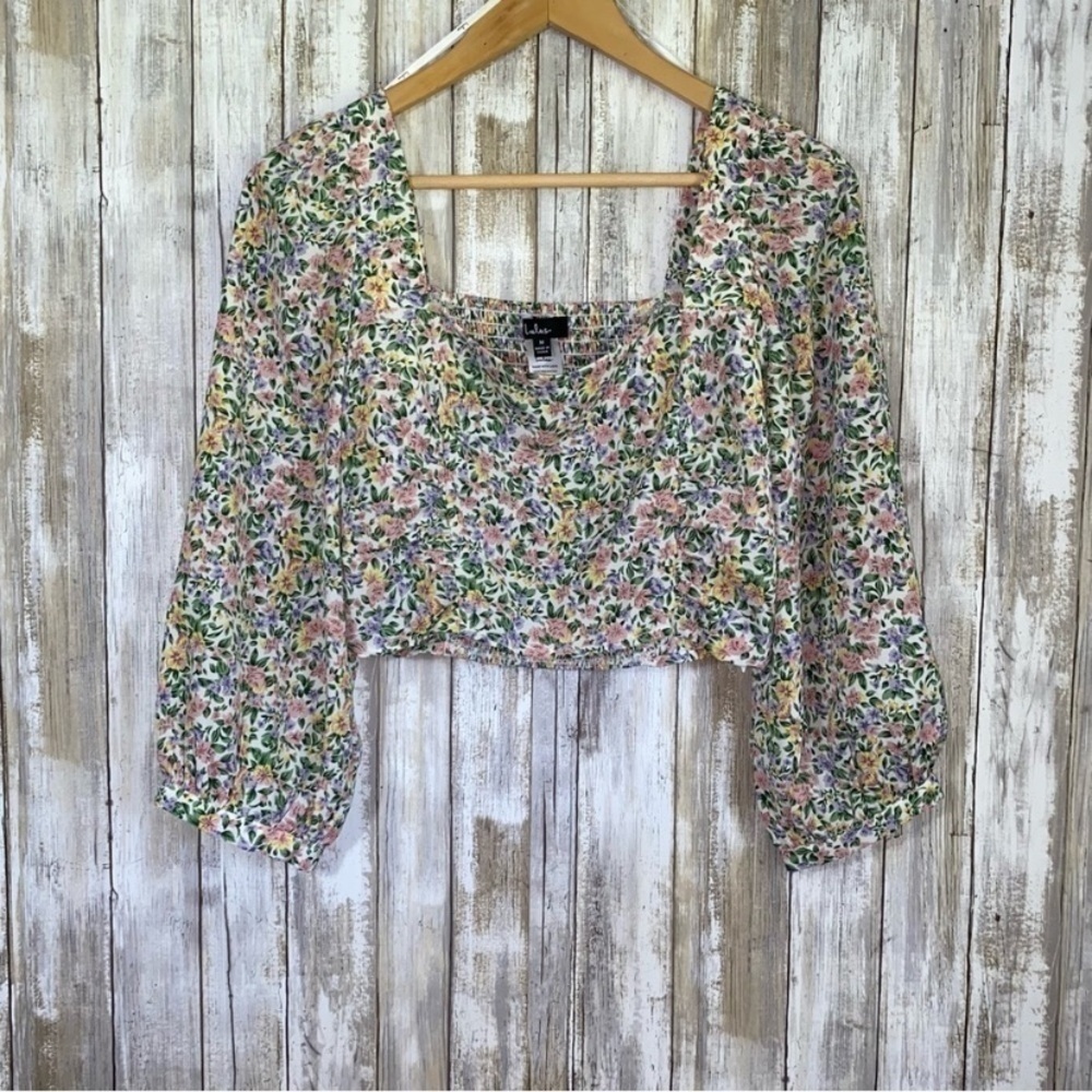 Lulus Floral Smocked Crop Top Puff Sleeve Cottagecore Blouse Multicolor M - Picture 2 of 5